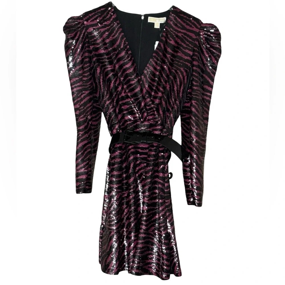 Michael Kors Zebra Sequin Mini Dress Berry Black Puff Sleeve Belted MH98Z39DFP L